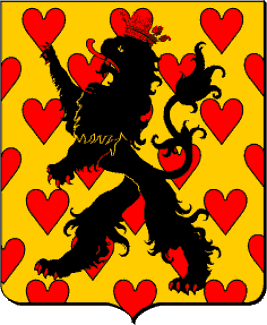 D'or, sem� de coeurs de gueules, au lion de sable, arm�, lampass� et couronn� du deuxi�me,
brochant sur-le-tout