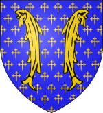 D'azur sem� de croix recroiset�es au pied fich� d'or, � deux bars adoss�s du m�me brochant sur le tout