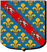 D'azur sem� de fleurs de lys d'or � la bande de gueules charg� de trois l�opards d'argent