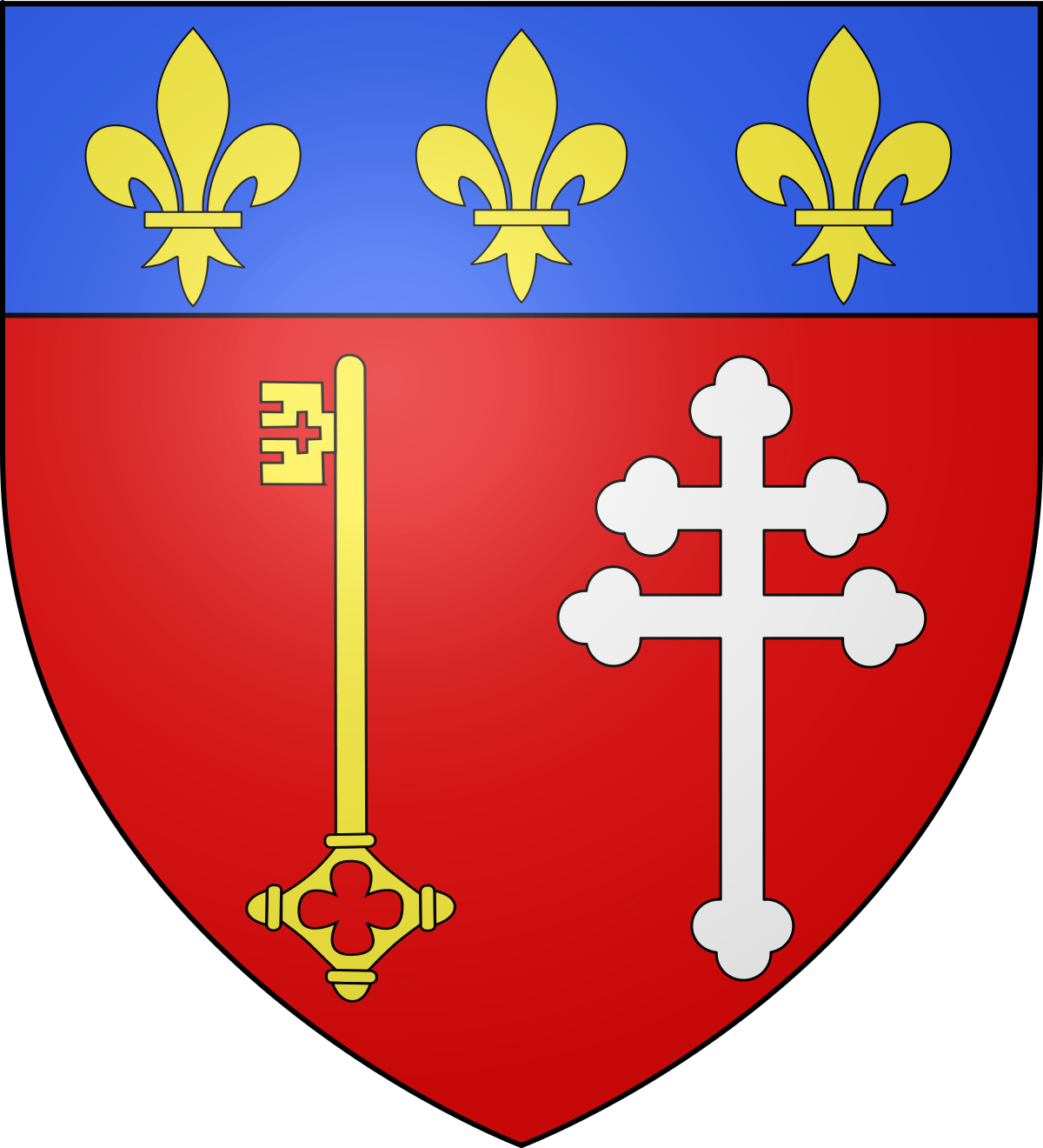 Parti, au 1er de gueules, � la clef d'or en pal, au 2e de gueules, � la croix patriarcale (ou croix de Lorraine) d'or, au chef d'azur aux trois lys d'or