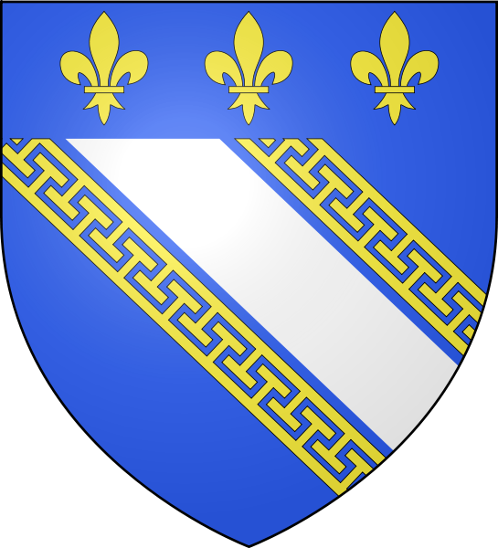 D'azur � la bande d'argent c�toy�e de deux doubles cotices potenc�es d'or de treize pi�ces, au chef aussi d'azur charg� de trois fleurs de lis d'or.