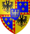 �cartel�, en 1 et 4 d'or, � l'aigle bic�phale de sable, membr�e, becqu�e, li�e de gueules, en 2 et 3 d'azur, � trois fleurs de lys d'or, � la bordure endent�e de gueules et d'or, le tout d'azur, � l'aigle d'argent, becqu�e, langu�e, couronn�e d'or