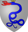 D'argent, � une couleuvre ondoyante en pal d'azur, couronn�e d'or, engloutissant un enfant de carnation, pos� en fasce, les bras �tendus