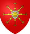De gueules, � l'�cusson d'argent, aux rais d'escarboucle d'or, brochantes sur le tout