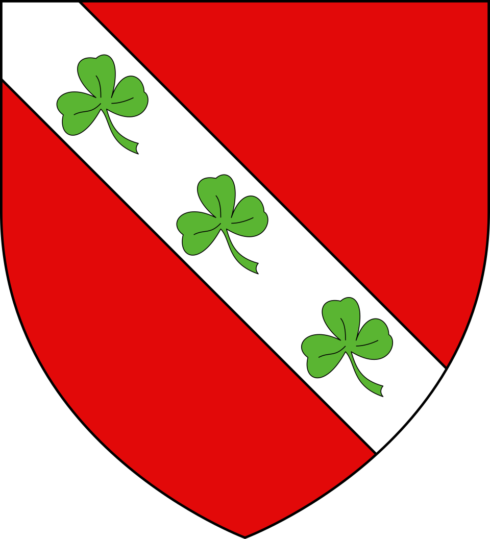 De gueules � la banche d'argent aux trois tr�fles de sinople.