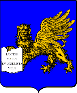 D'azur, au l�opard ail� d'or, tenant de ses pattes avant un livre ouvert d'argent, portant les texte PAX TIBI MARCE EVANGELISTA MEUS