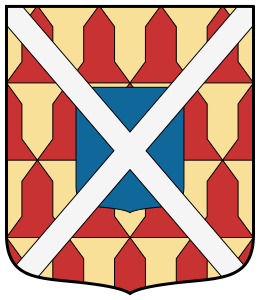 Vair� de gueules et d'or de quatre tires charg� en c�ur d'un �cusson d'azur au sautoir d'argent brochant sur le tout.