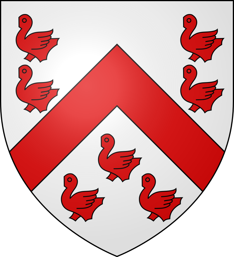 D'argent au chevron de gueules accompagn� de sept merlettes du m�me, quatre en chef, trois en pointe mal ordonn�es.