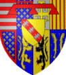 Coup� et parti en 3, au 1er fasc� de gueules et d'argent, au 2e d'azur sem� de lys d'or, au lambel de gueules, au 3e d'argent � la croix potenc�e d'or, cantonn�e de quatre croisettes du m�me, au 4e d'or aux quatre pals de gueules au 5e parti d'azur sem� de lys d'or et � la bordure de gueules, au 6e d'azur au lion contourn� d'or, arm�, lampass� et couronn� de gueules, au 7e d'or au lion de sable arm� et lampass� de gueules, au 8e d'azur sem� de croisettes d'or et aux deux bar d'or. Sur le tout d'or � la bande de gueules charg� de trois al�rions d'argent le tout bris� d'un lambel de gueules