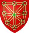 De gueules aux cha�nes d'or pos�es en orle, en croix et en sautoir, charg�es en c�ur d'une �meraude au naturel