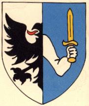 Partie d'argent � l'aigle de sable au vol �ploy�, partie d'azur au bras gauche portant �p�e