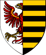 Parti : au 1 d'argent � une demi-aigle de gueules, becqu�e et membr�e d'or mouvante du parti ; au 2 burel� de sable et d'or de dix pi�ces.