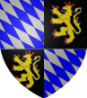 �cartel� en 1 et 4 de sable, au lion d'or, arm�, lampass� et couronn� de gueules et en 2 et 3 fusel� en bande d'azur et d'argent