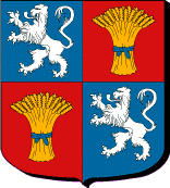 �cartel�, en 1 et 4 d'azur au lion d'argent et en 2 et 3 de gueules � la gerbe de bl� d'or li�e d'azur