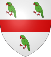 D'argent � une fasce de gueules entre 3 perroquets verts.