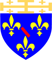 De France � la cotice de gueules, p�rie en bande; au chef d'argent, charg� d'une croix potenc�e d'or, cantonn�e de quatre croisettes du m�me