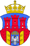 D'azur au chateau de gueules � trois tours, aux portes d'or ouvertes du champ