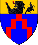 D'azur, � un double escalier de gueules, au chef d'or, charg� d'un lion issant de sable, arm� et lampass� de gueules.