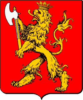 De gueules, au lion couronn� d'or, tenant dans ses pattes une hache d'argent, emmanch�e du second