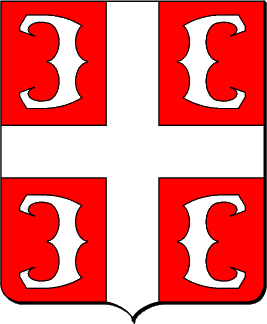 De gueules, � la croix d'argent, cantonn�e de quatre briquets du m�me,
adoss�s deux � deux