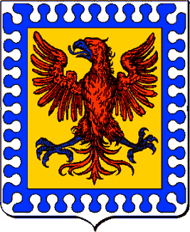 D'or,  l'aigle de gueules, becque, langue et membre d'azur,  la bordure nbule d'argent et d'azur.