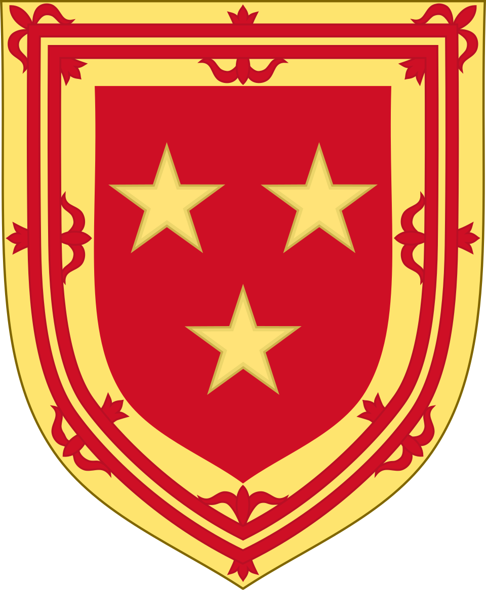 De gueules � trois �toiles d'or, � la bordue du second charg�e d'une double tresse fleuronn�e et contrefleurie du premier.