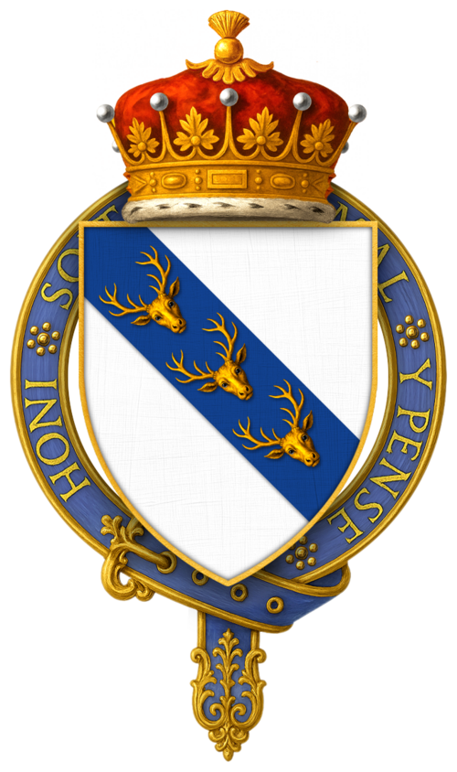 Un �cu d'argent � la bande diagonale d'azur charg�e de tois t�te de cerf d'or, de face.