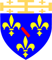 De France  la cotice de gueules, prie en bande; au chef d'argent, charg d'une croix potence d'or, cantonne de quatre croisettes du mme