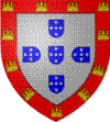 D'argent au cinq cus d'azur disposs en croix, chaque cu charg de cinq besants d'argent,  la bordure de gueules charge d'onze chteaux d'or